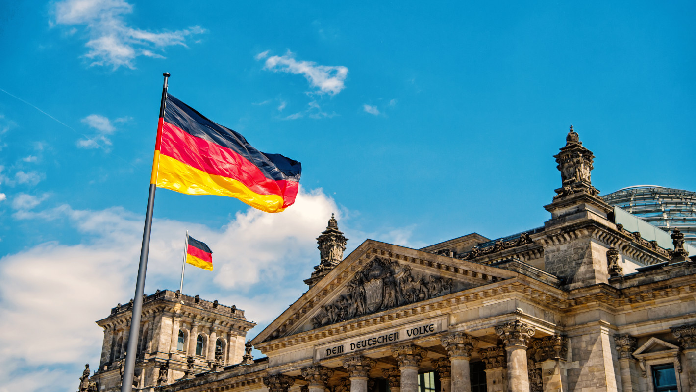 German flags in front of the Reichstag